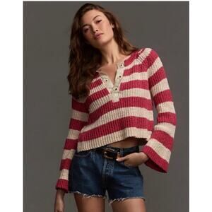 Anthropologie Pilcro Bell-Sleeve Henley Sweater, Red/Cream, Size 1X
